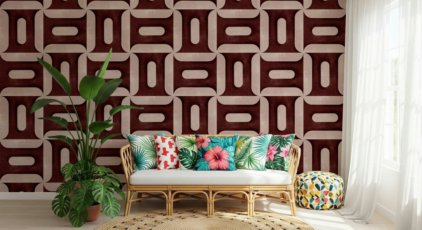 Burgundy geometric wallpaper mural with a minimalist textured pattern for a flat., GD7896