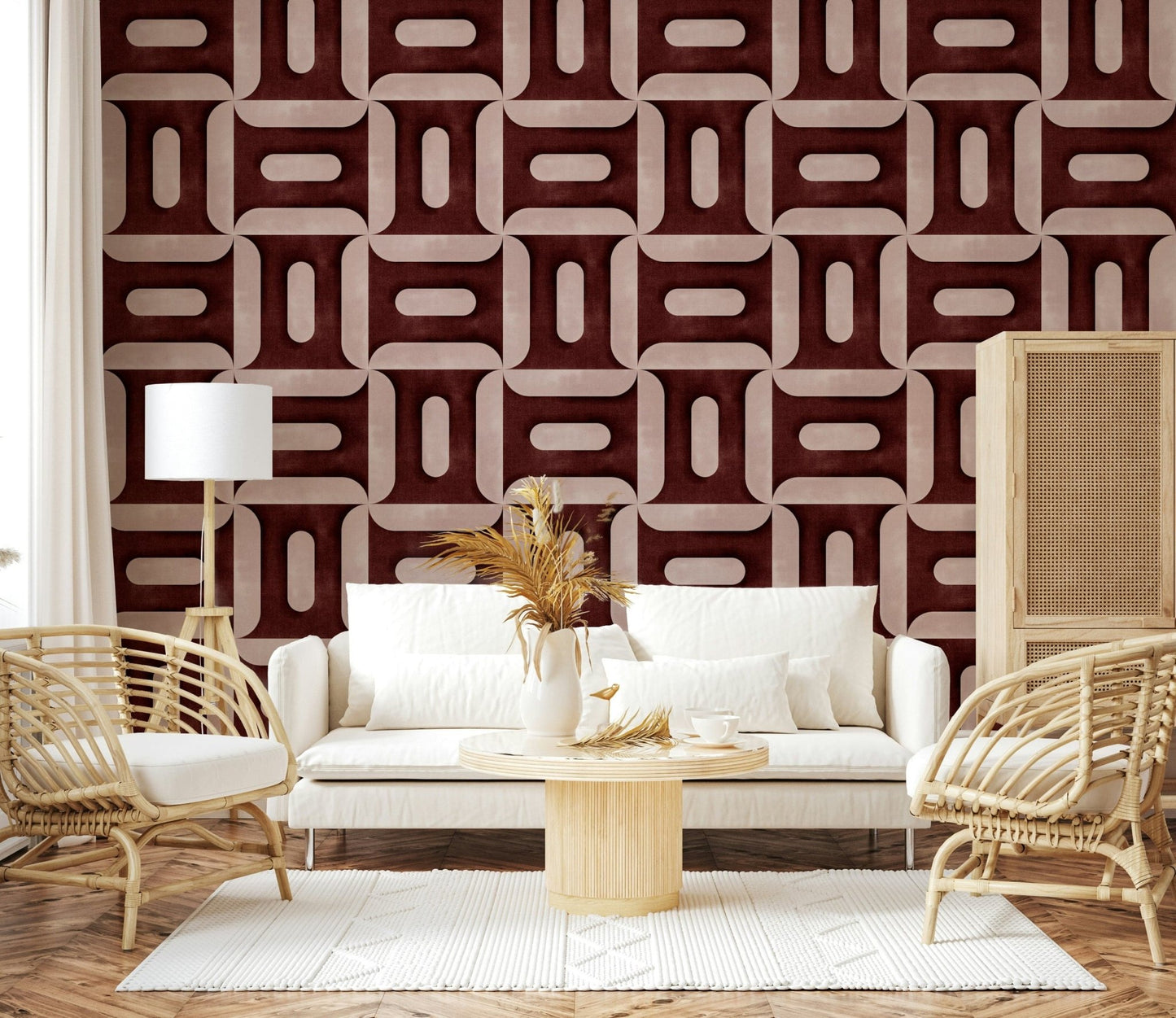 Wine colour geometric wallpaper mural for a modern bedroom feature wall décor., GD7896