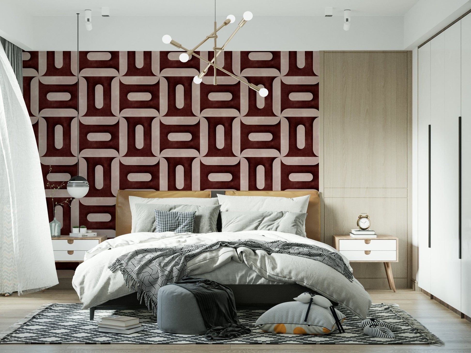 Minimalist wine red wallpaper mural with geometric textures for a modern home., GD7896