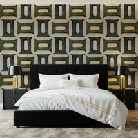Cool blue and grey geometric wallpaper mural for a modern bedroom.
