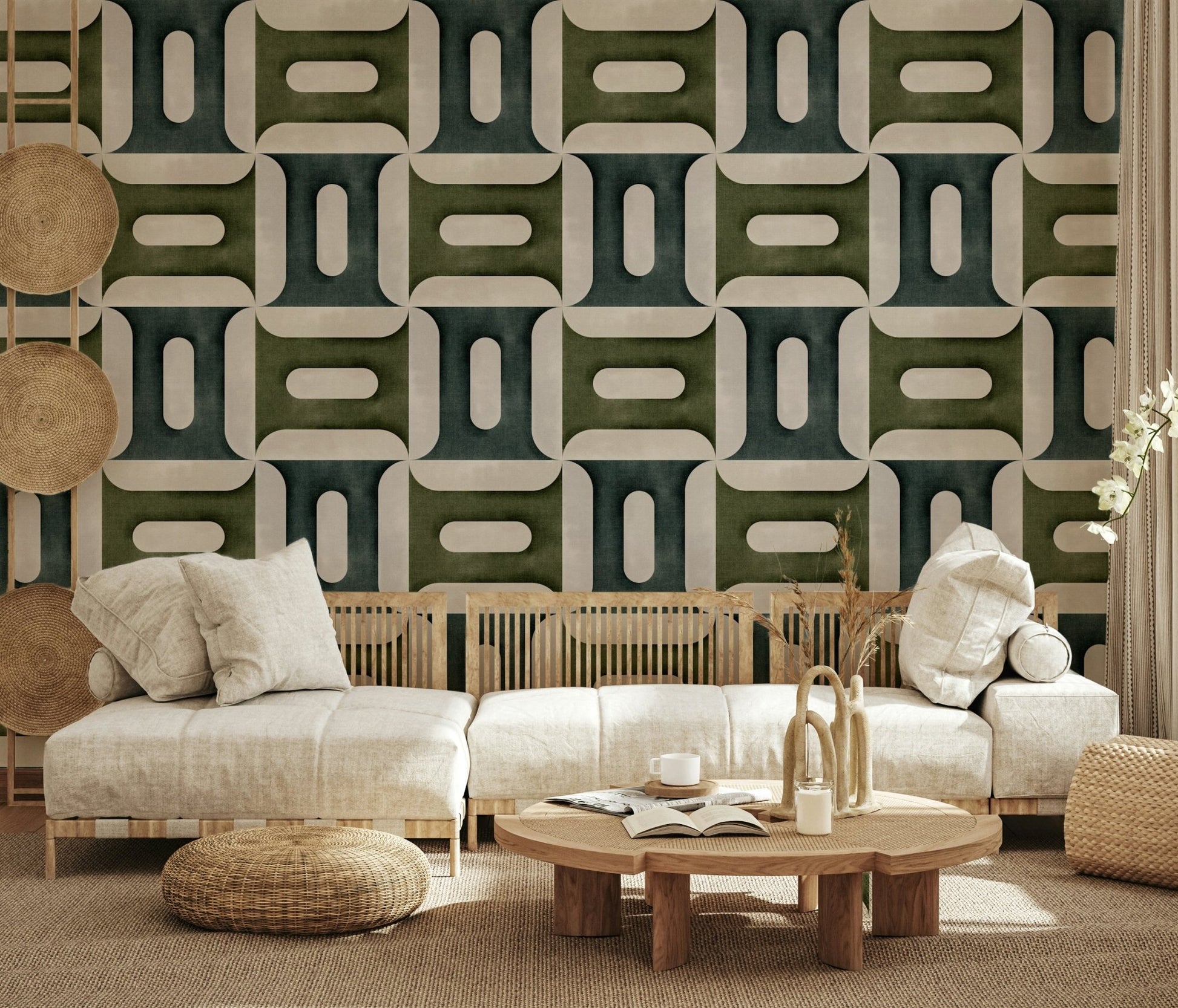 Modern Textured Geometries Winter Wallpaper mural in a minimalist living room.