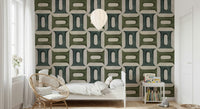 Geometric block pattern wallpaper mural for a serene study or reading nook.