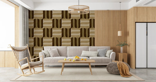 Earthy textured wallpaper in a minimalist living room setting