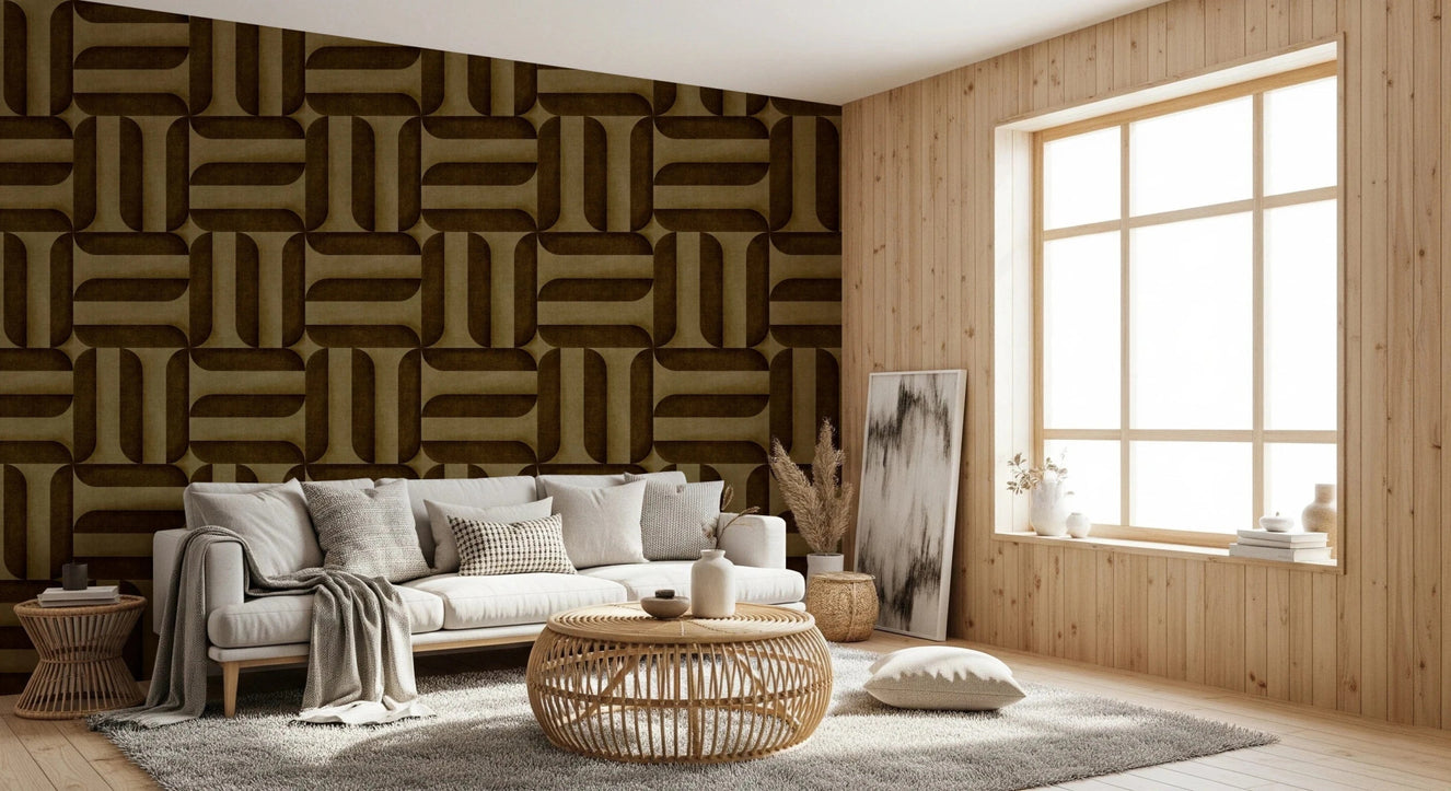 Modern Textured Signs Umber Wallpaper in a minimalist living room wallpaper