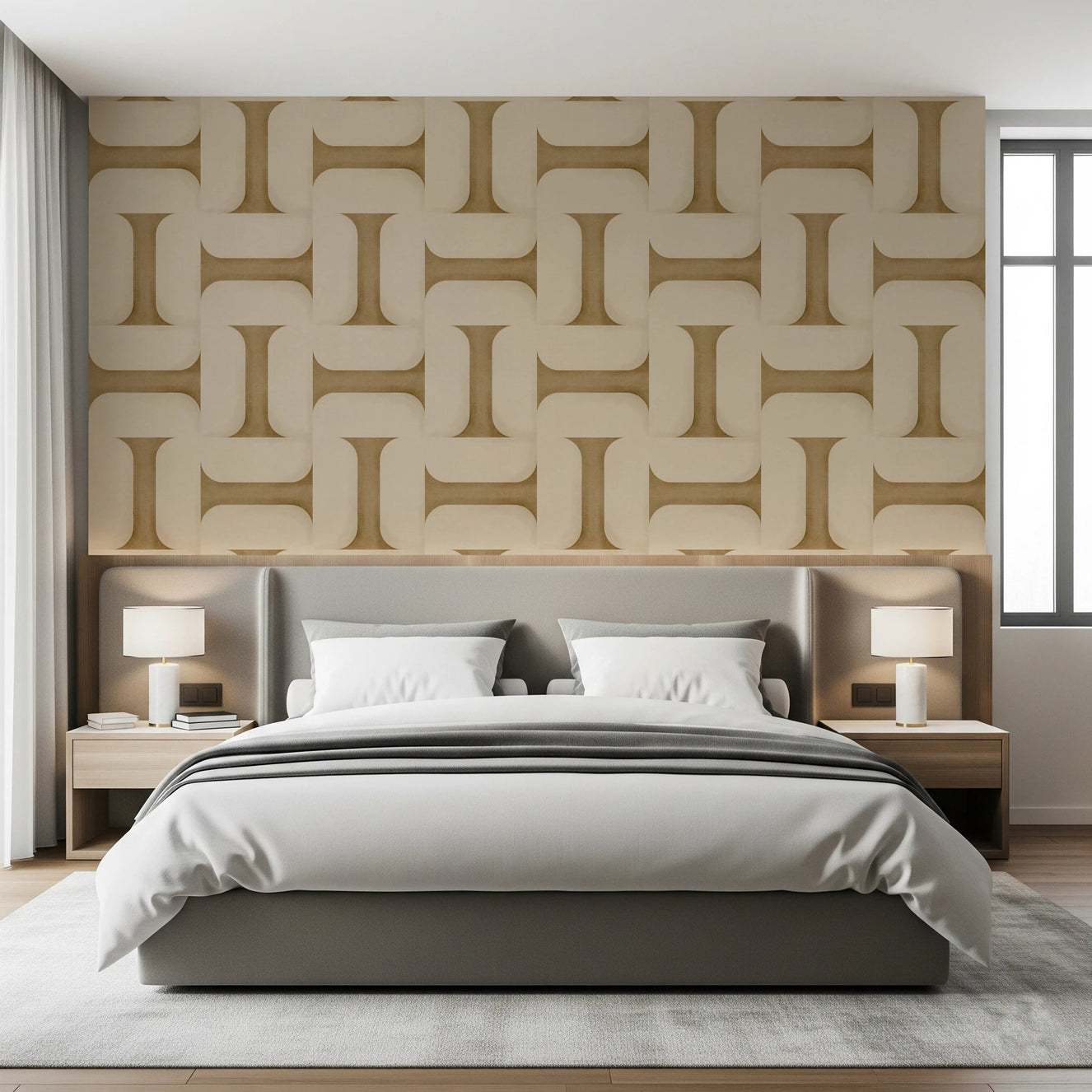 Modern Textured Tiles Camel Wallpaper for a warm living room wall.