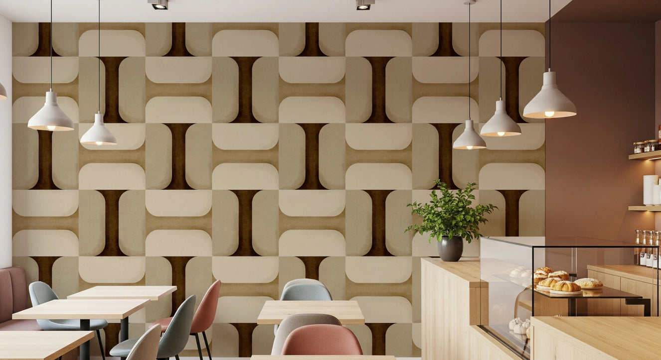 Living room wall featuring Modern Textured Tiles Earthy Wallpaper in a warm beige tone.