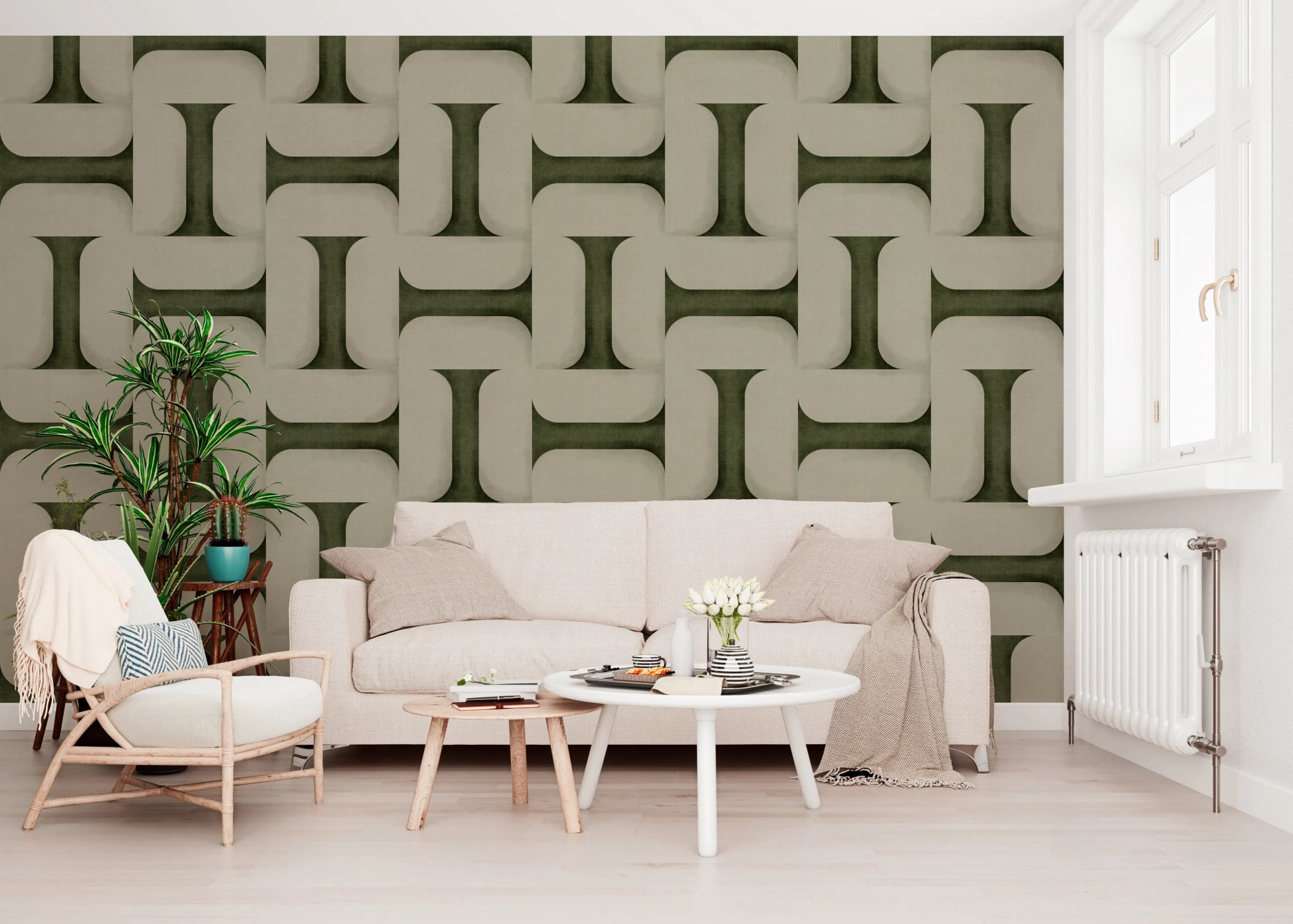 Modern Textured Tiles Olive Wallpaper⁠