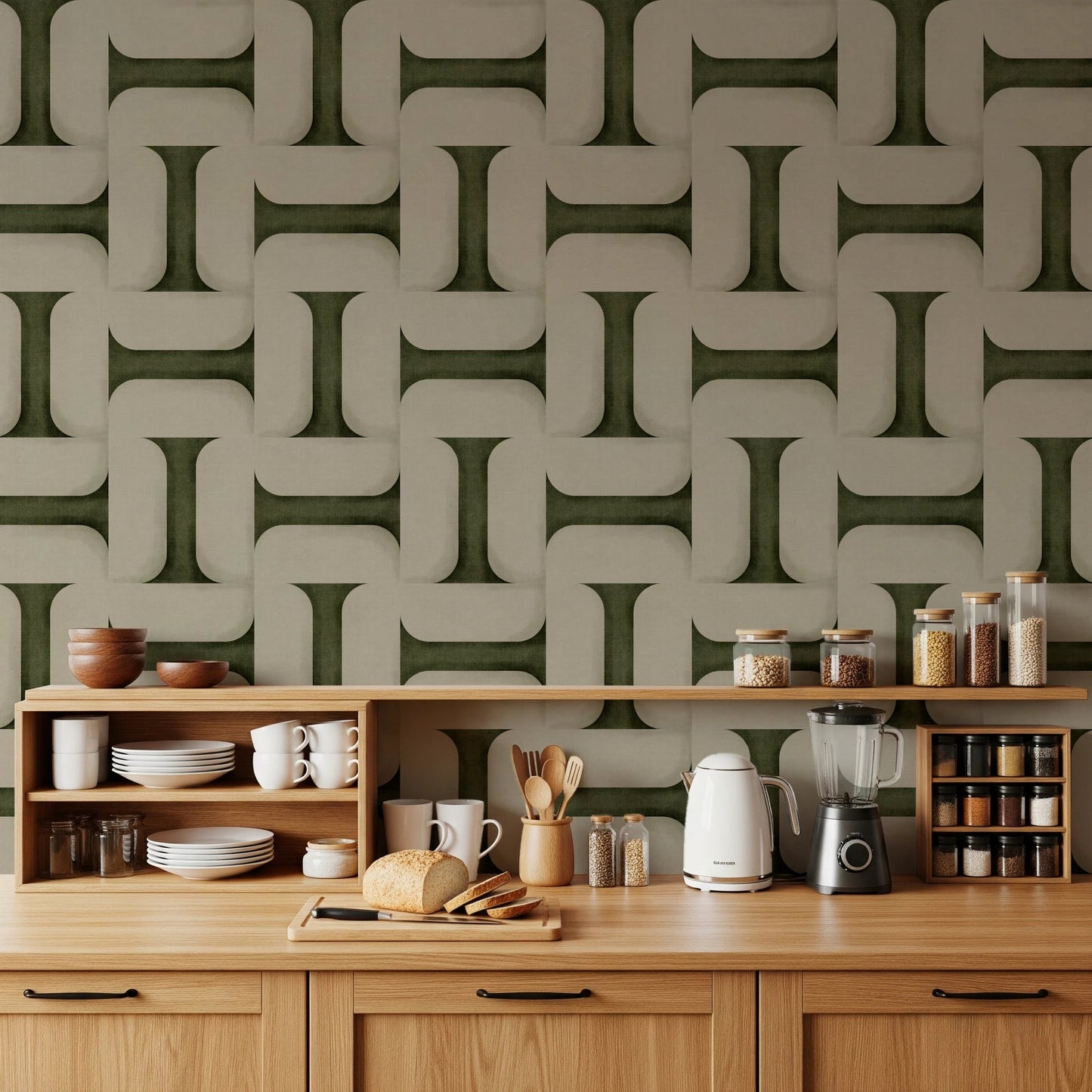 Modern Textured Tiles Olive Wallpaper⁠
