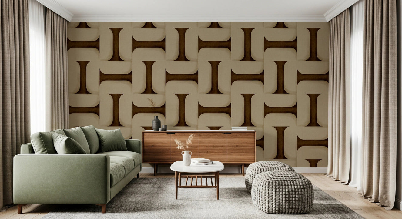 Modern Textured Tiles Umber Wallpaper in a minimalist living room with wooden furniture.