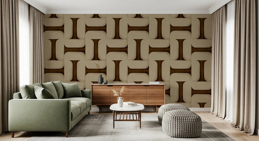 Modern Textured Tiles Umber Wallpaper in a minimalist living room with wooden furniture.