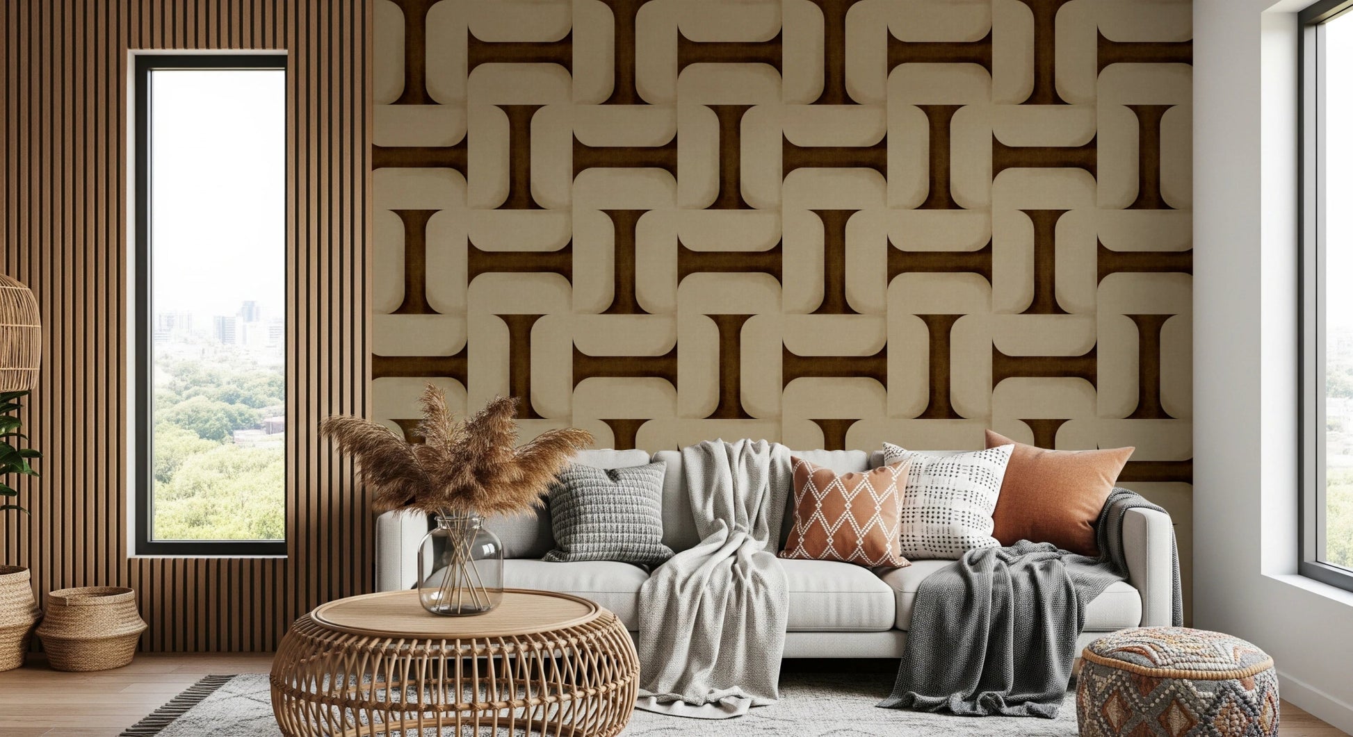 Modern Textured Tiles Umber Wallpaper⁠