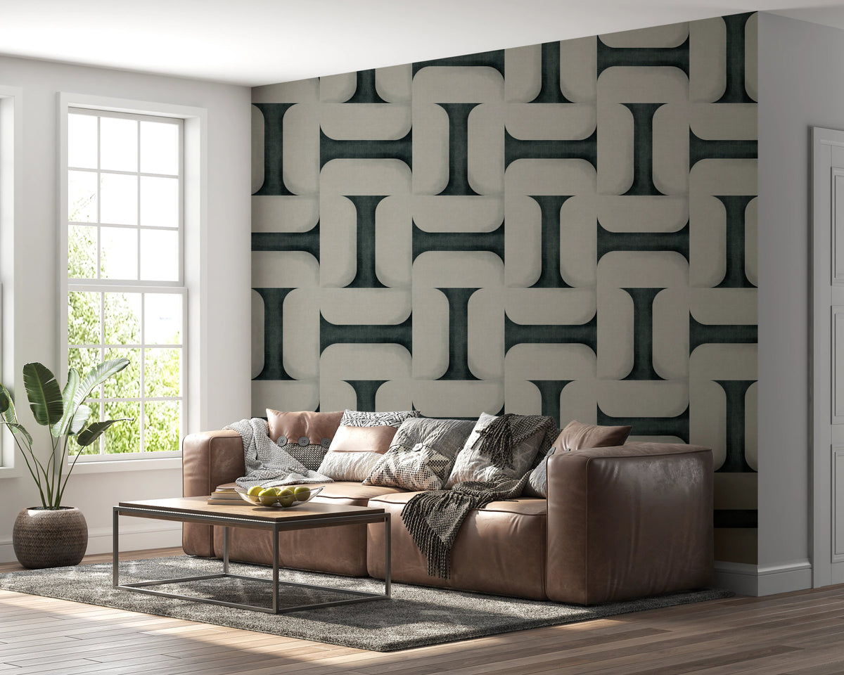 Living room with Modern Textured Tiles Vintage Denim Wallpaper on a main wall., GD8092