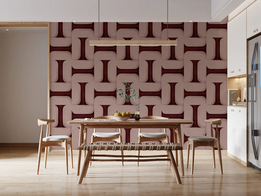 Modern Textured Tiles Wine Wallpaper in a spacious living room with velvet seating.