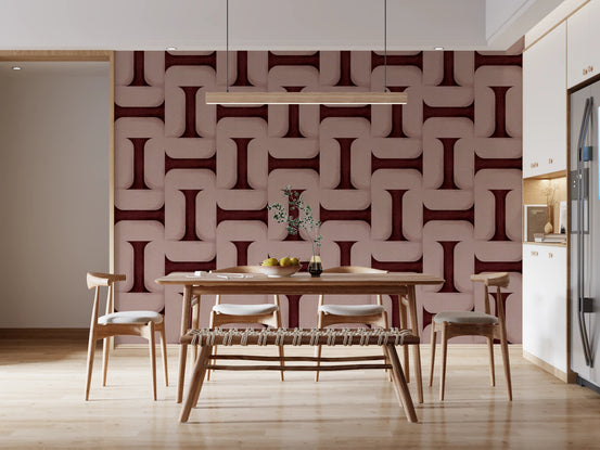 Modern Textured Tiles Wine Wallpaper in a spacious living room with velvet seating., GD8093