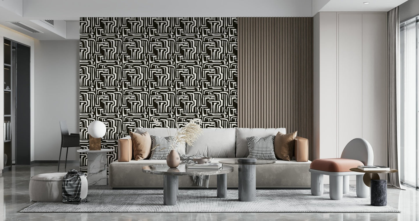 Bold artistic Modern Tribal Maze Wallpaper feature wall.