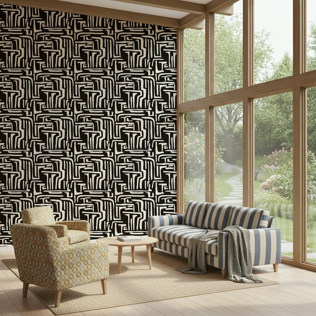 Black and Modern Tribal Maze Wallpaper white motif print.
