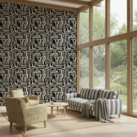 Black and Modern Tribal Maze Wallpaper white motif print.