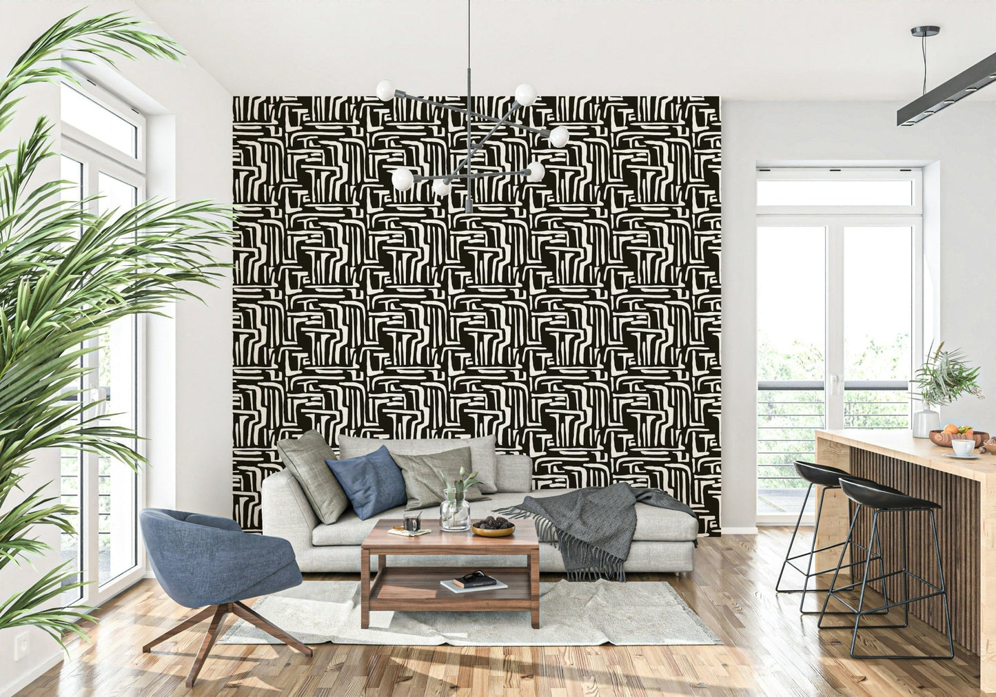 Hand-drawn style Modern Tribal Maze Wallpaper wall pattern.
