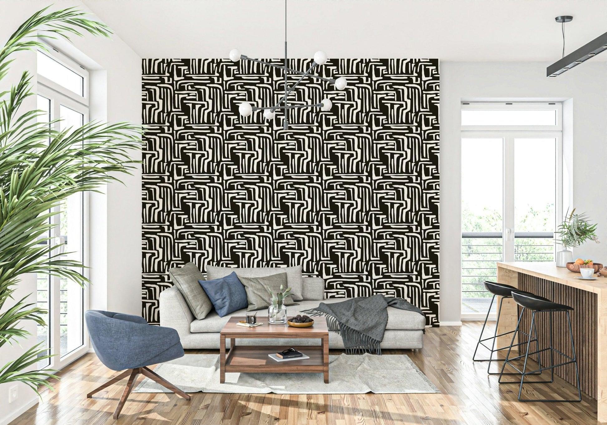 Hand-drawn style Modern Tribal Maze Wallpaper wall pattern.
