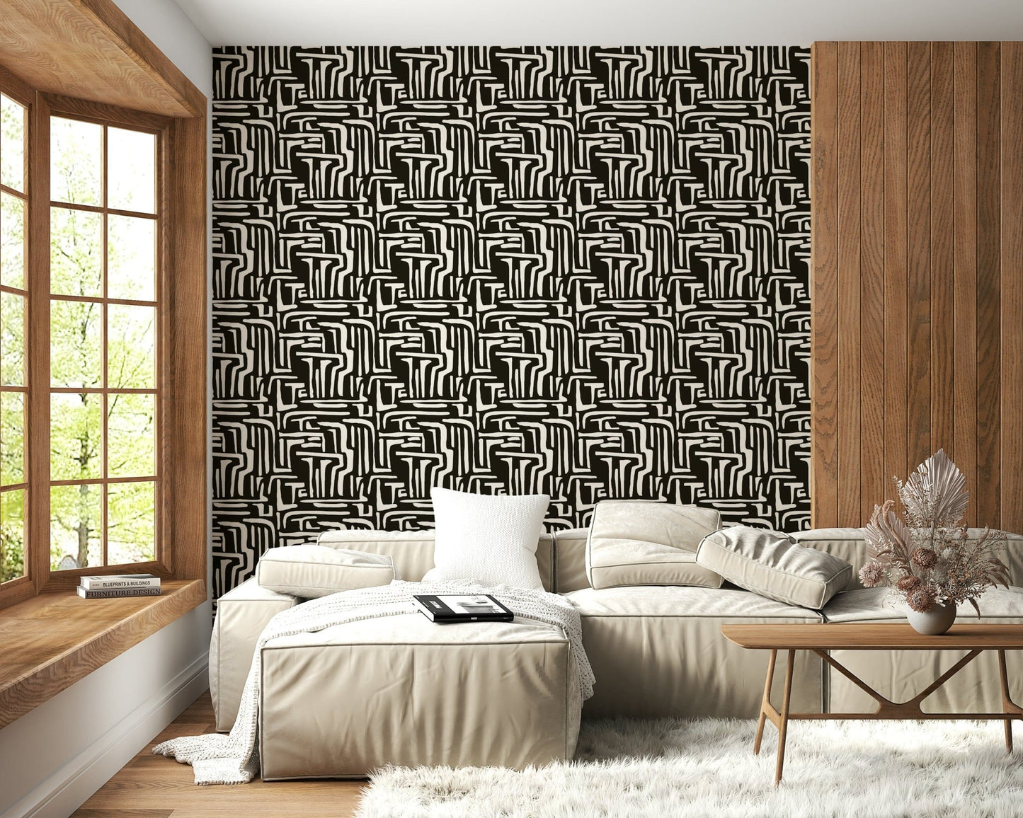 High-contrast Modern Tribal Maze Wallpaper pattern.