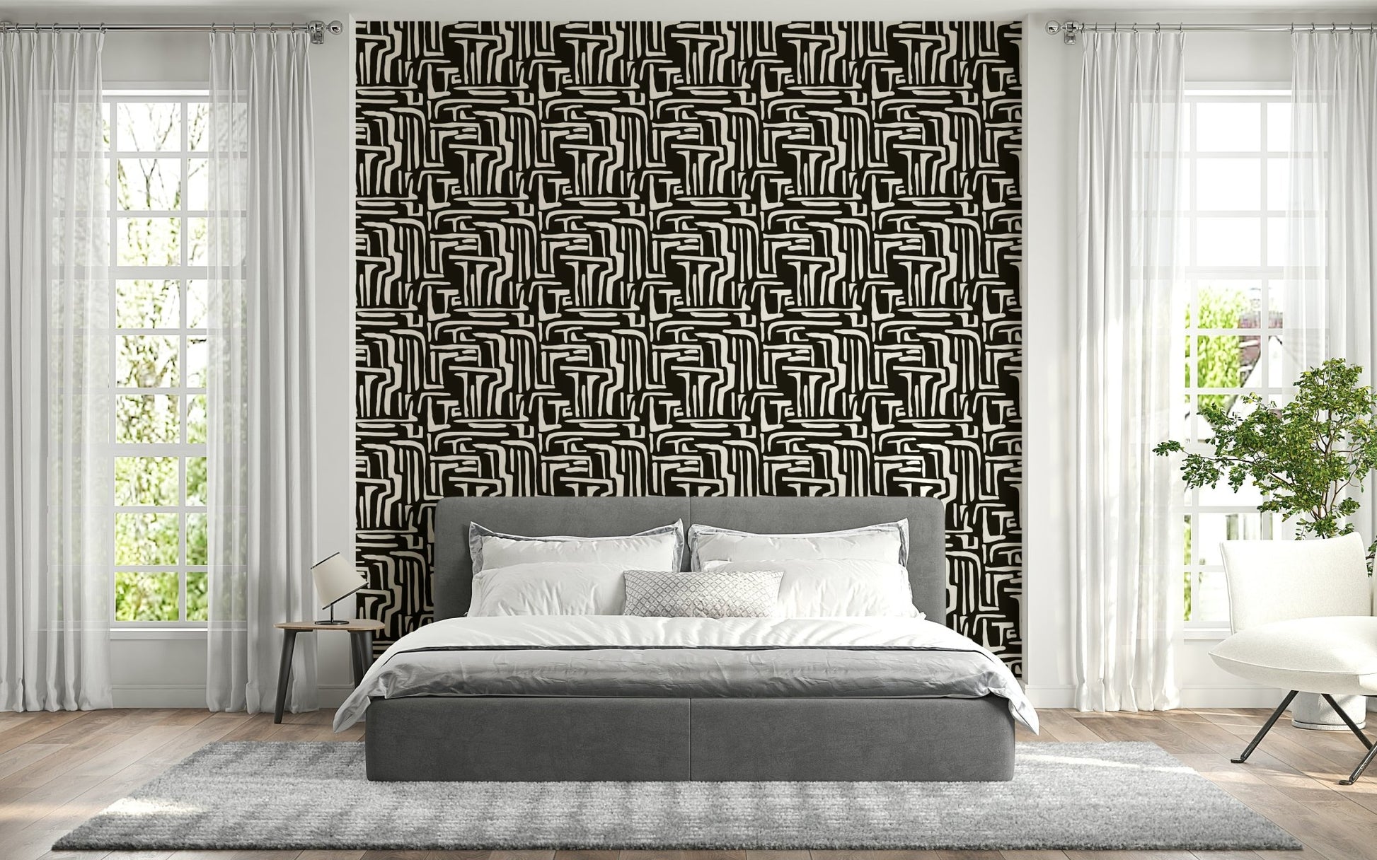 Geometric abstract Modern Tribal Maze Wallpaper design.