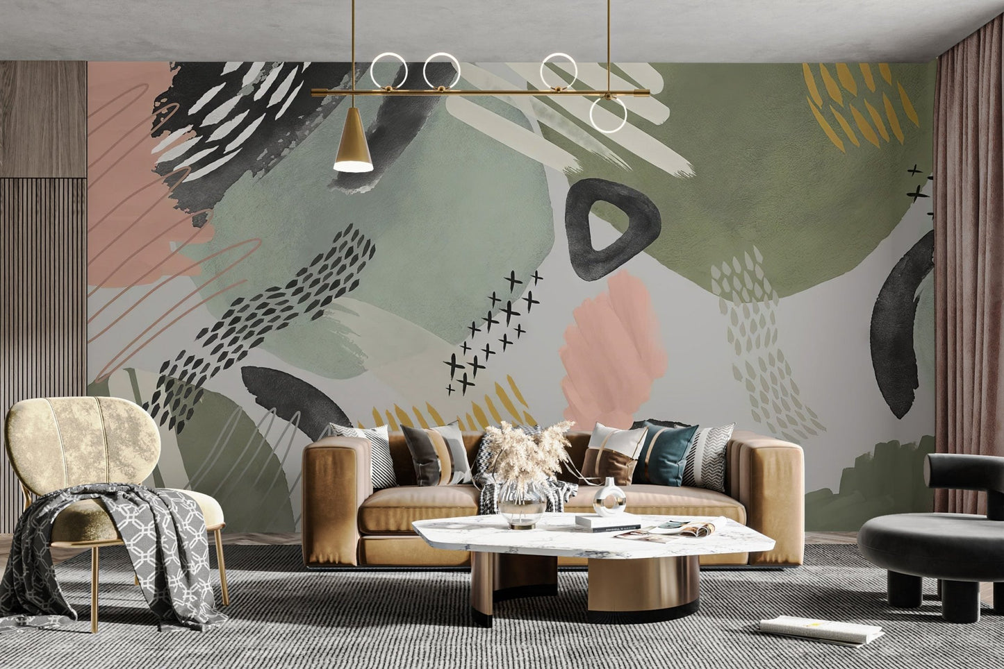 Modernist Echoes Wall Mural creates a chic retreat in living room. C383