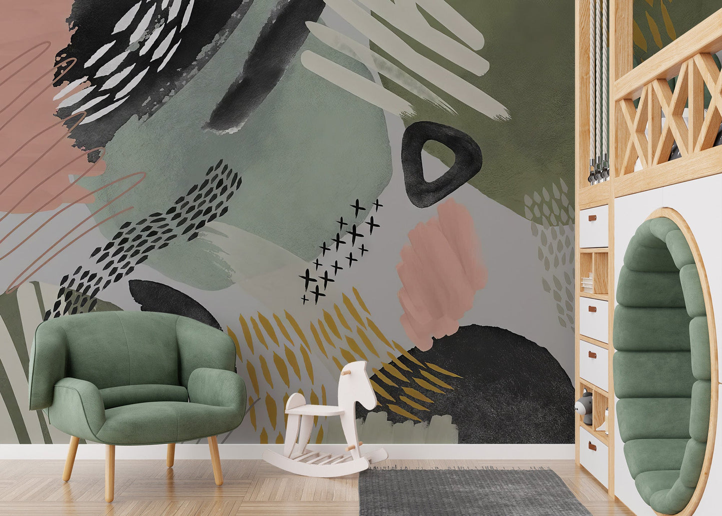 Modernist Echoes Mural brings geometric sophistication to livingroom.