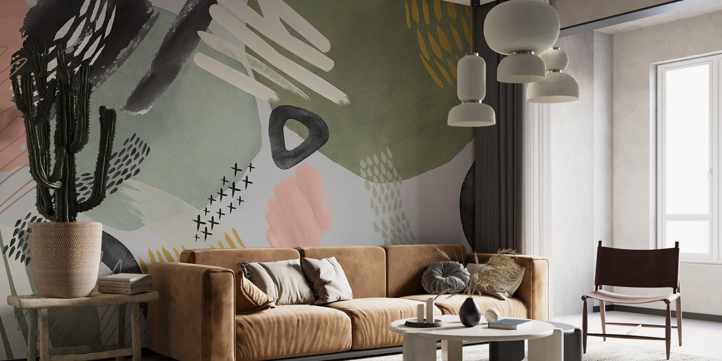 Modernist Echoes Mural creates a stylish centerpiece in living rooms