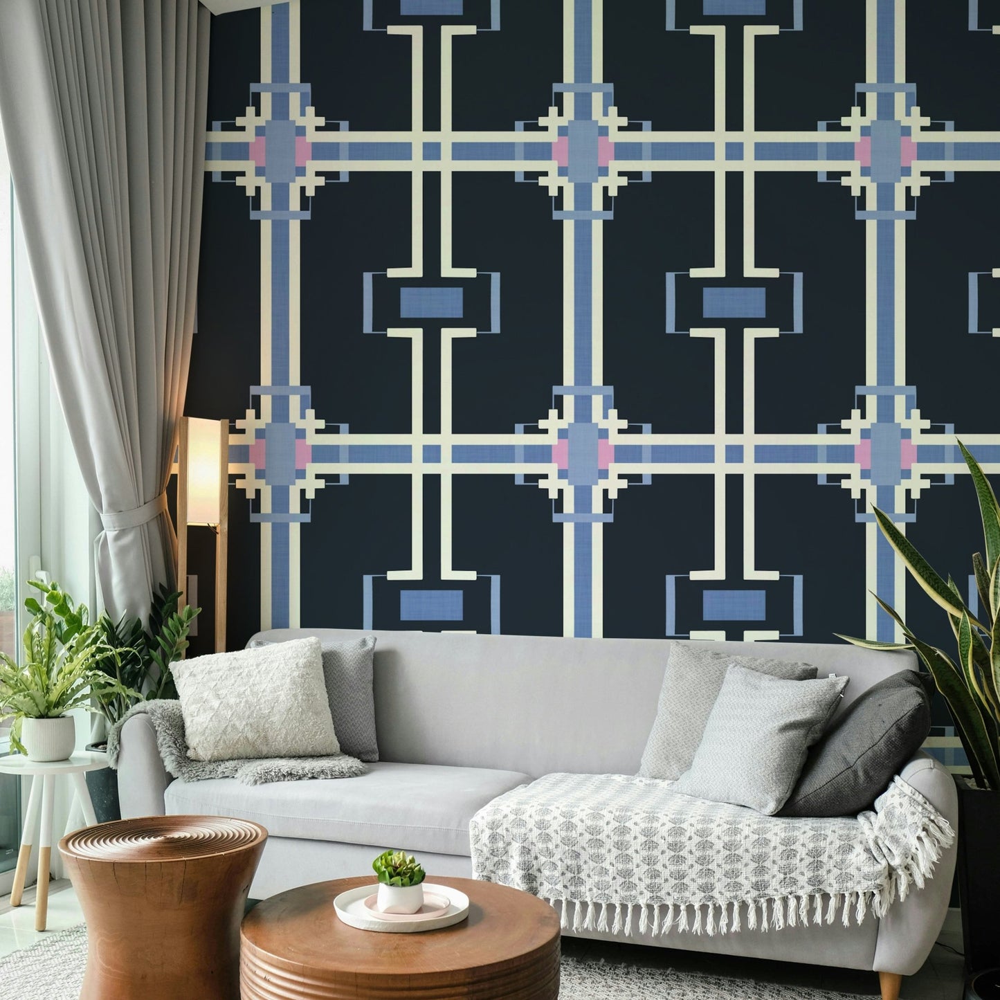 Interior with modern grid-style wallpaper

