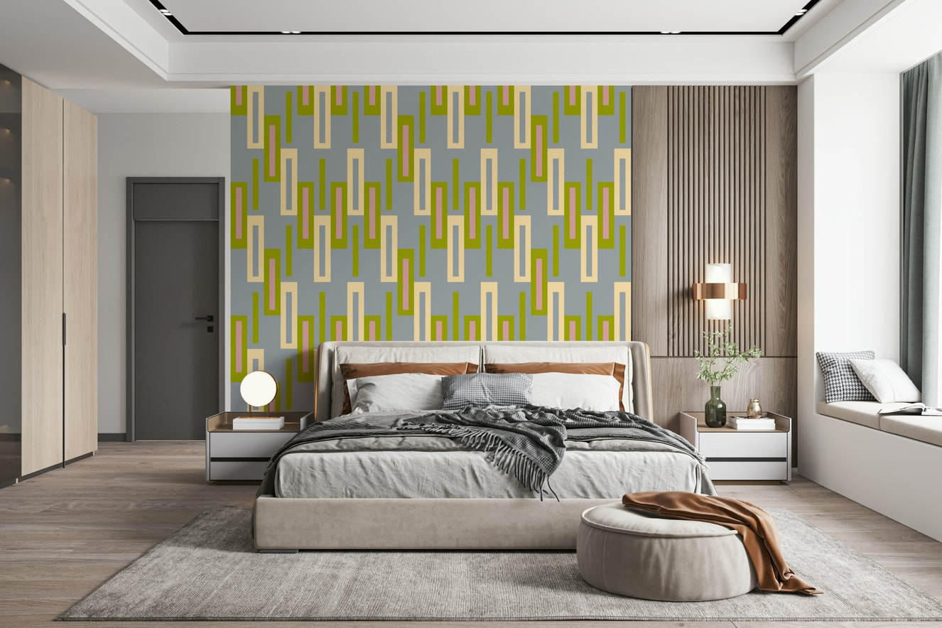 A beautiful abstract geometric wallpaper mural with bold, interlocking shapes.