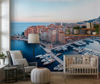 Luxury harbor skyline Monaco Marina View peel and stick wallpaper.