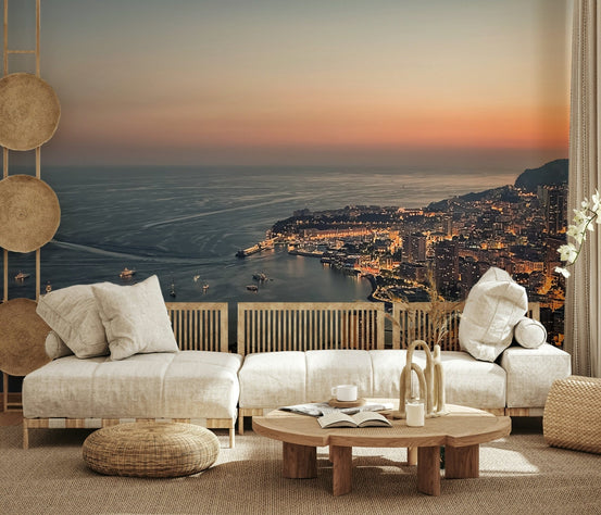 Monaco Nights wall mural showing a lit coastline glowing at dusk GD7387
