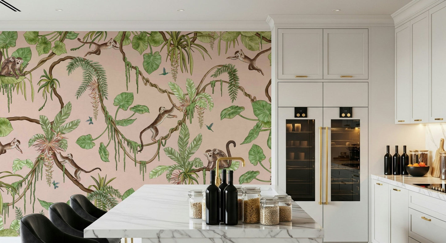 Monkey Business in Paradise Wall Mural accents a vibrant playroom.