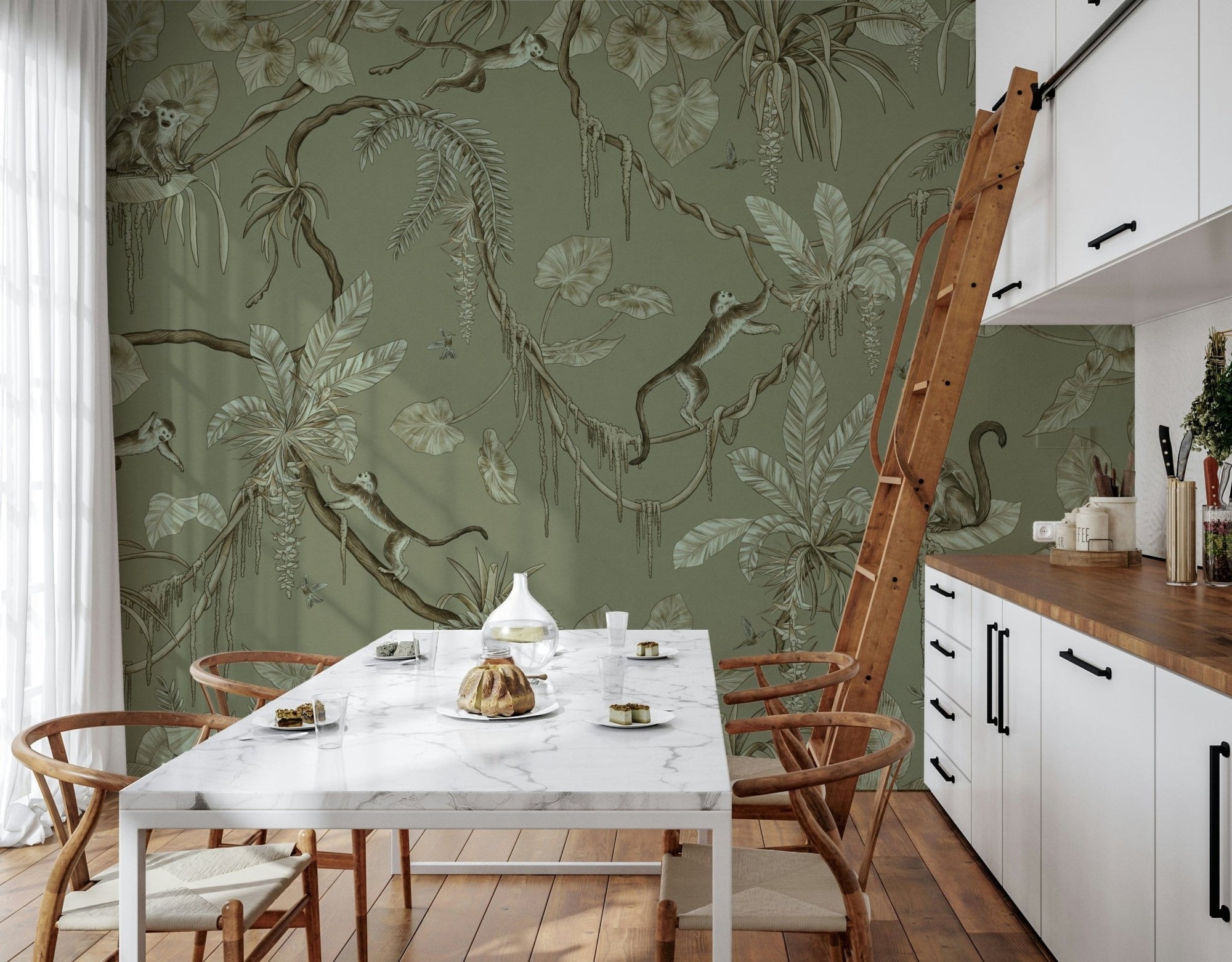 Monkey Business Jungle Wall Mural with cheeky primates and lush palm leaves, GD6271
