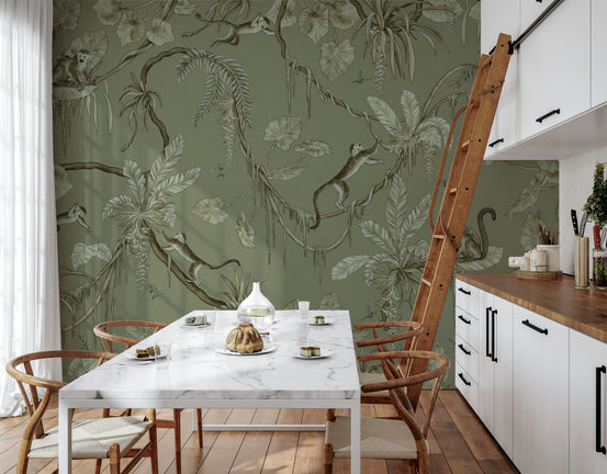 Monkey Business Jungle Wall Mural with cheeky primates and lush palm leaves, GD6271