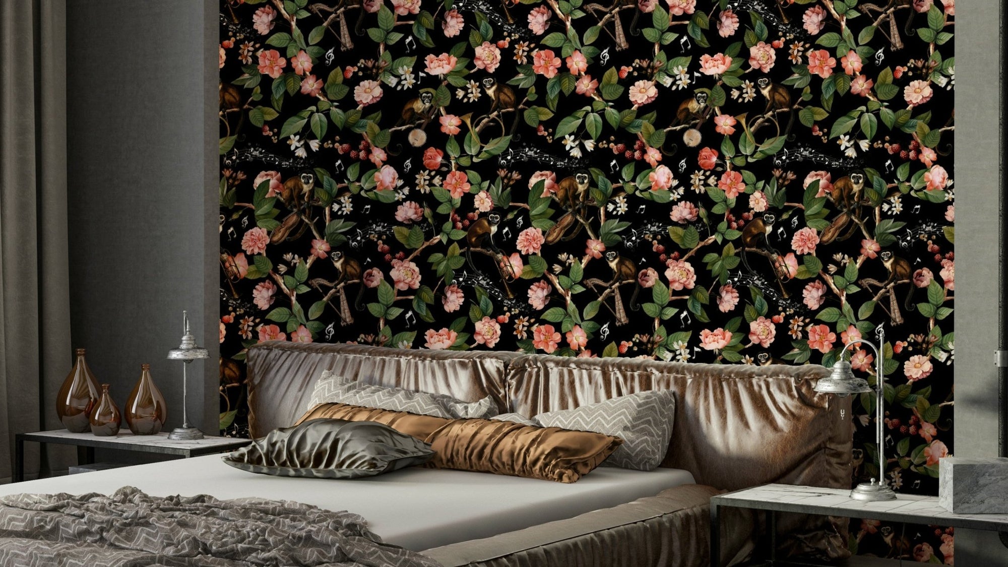 Lively monkeys in a melody-themed wallpaper design., GD1423