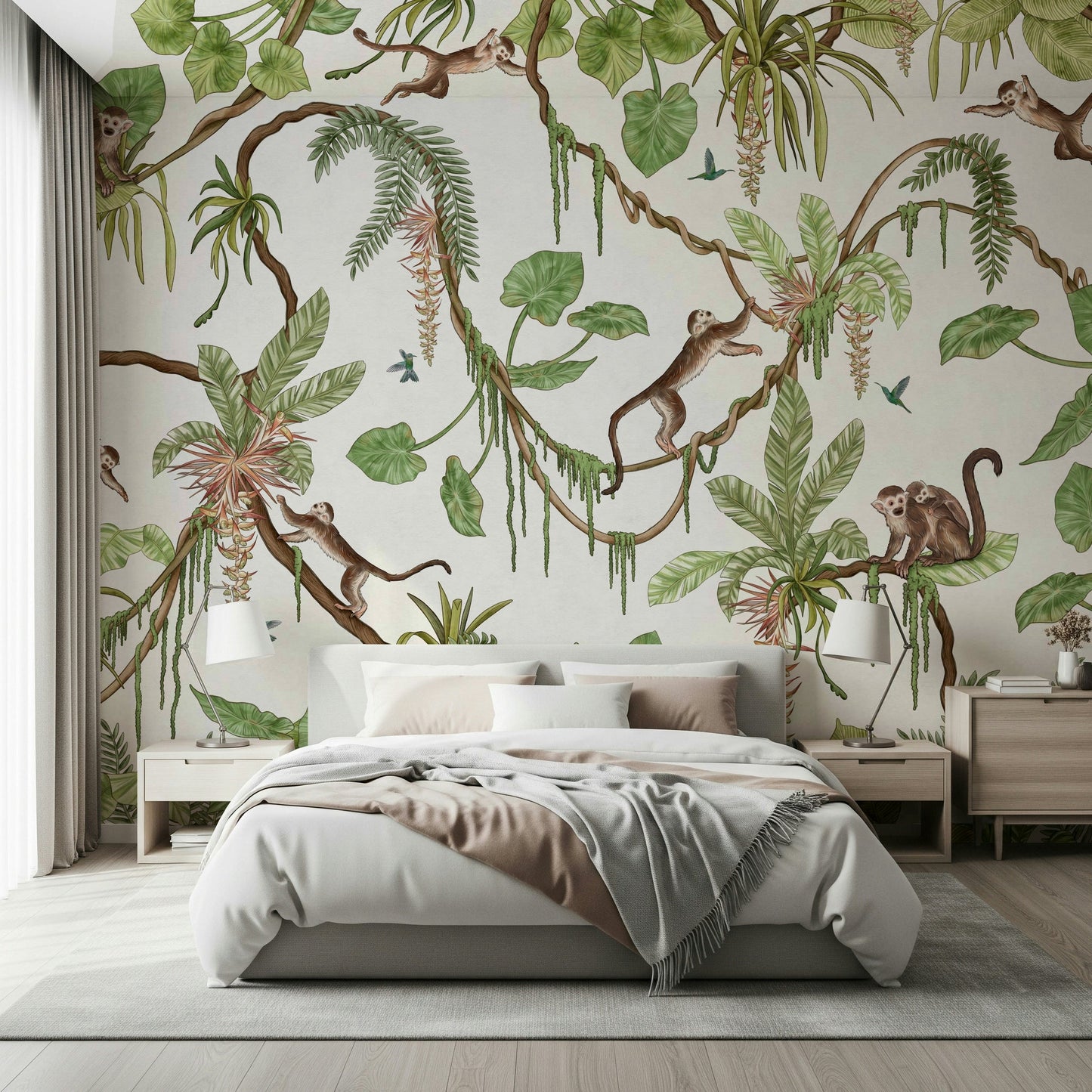 Lush jungle foliage pattern of the Monkey Business Wall Mural.