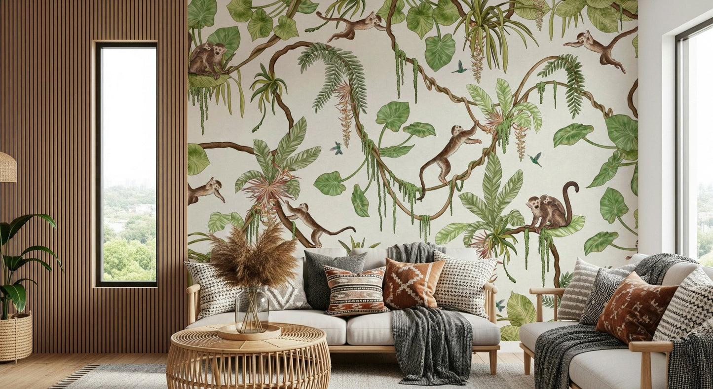 Detailed tropical leaves and vines on the Monkey Business Wall Mural.