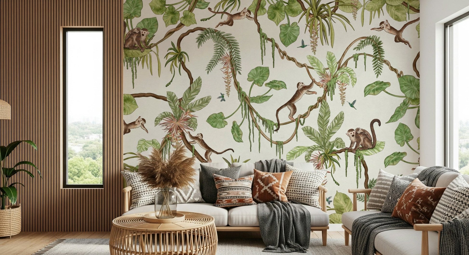 Detailed tropical leaves and vines on the Monkey Business Wall Mural.