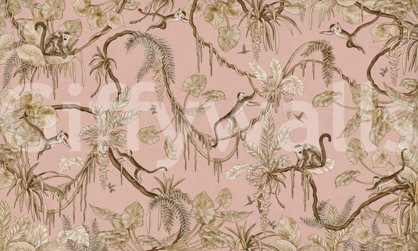 Statement wall in a hallway with the Monkey Grove Blush Wall Mural., GD6278