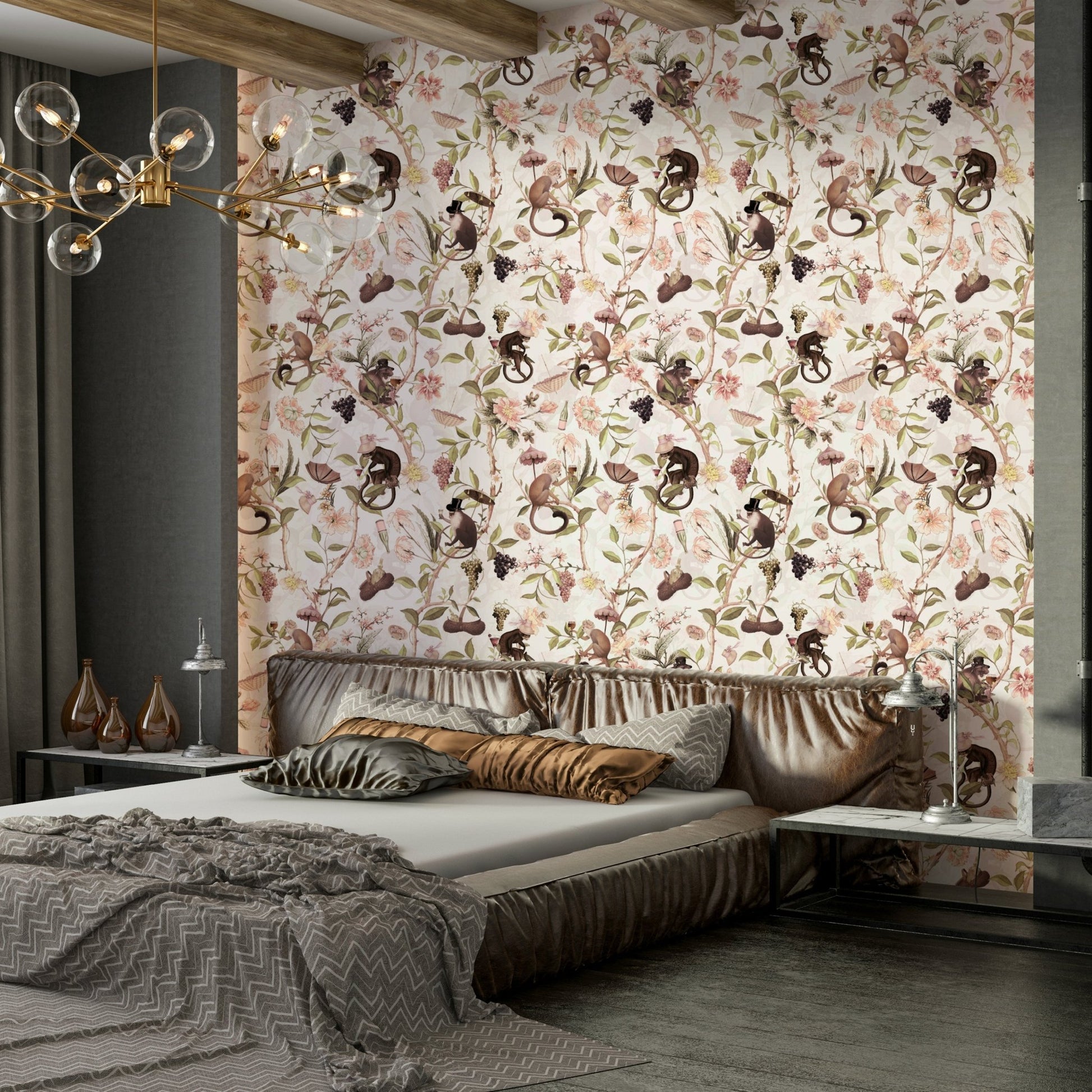 Floral wallpaper with playful monkeys design

