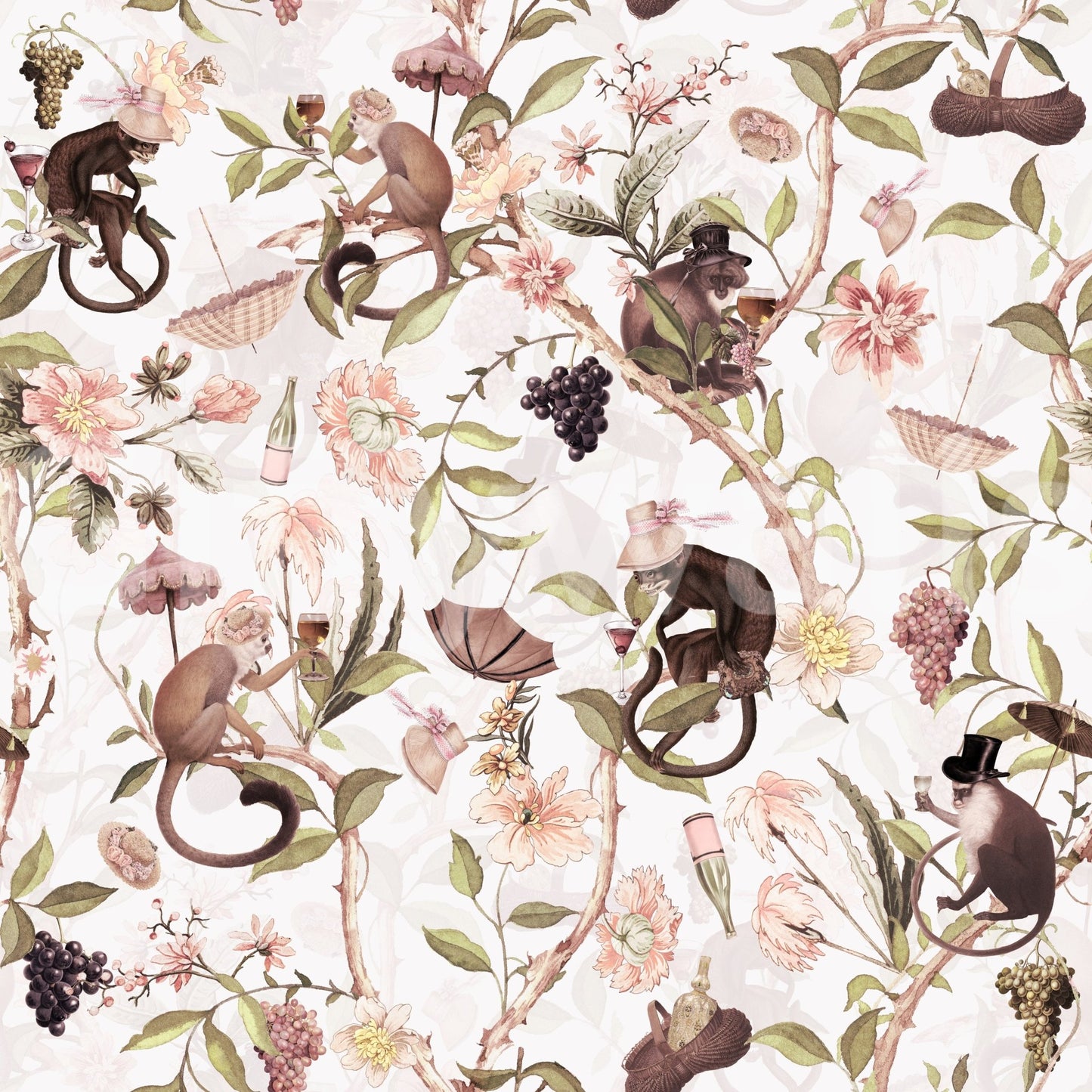 Chinoiserie tea party wallpaper with monkey details

