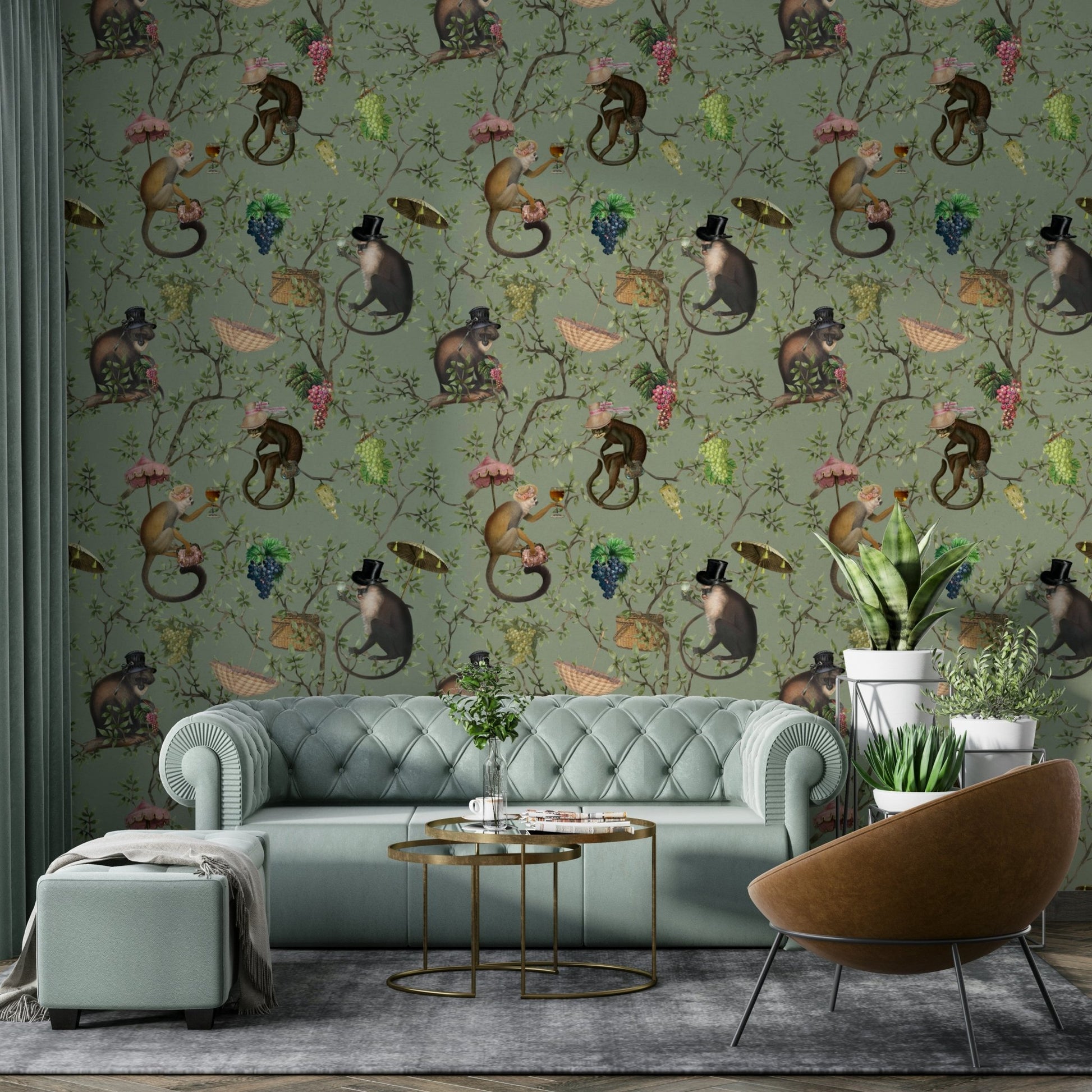Cute monkeys in the vineyard with grapes wallpaper

