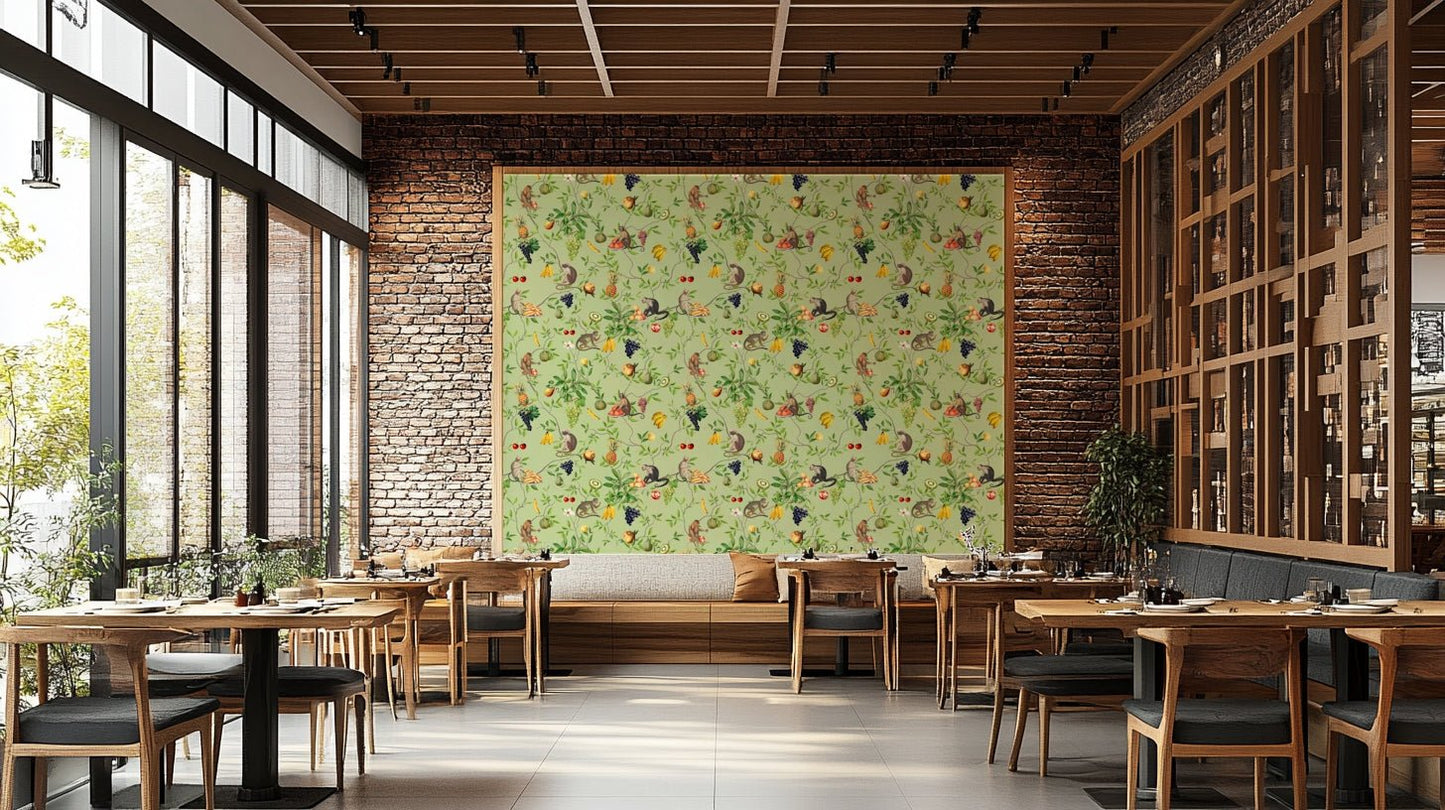 Jungle monkey and tropical fruit wallpaper for dynamic decor

