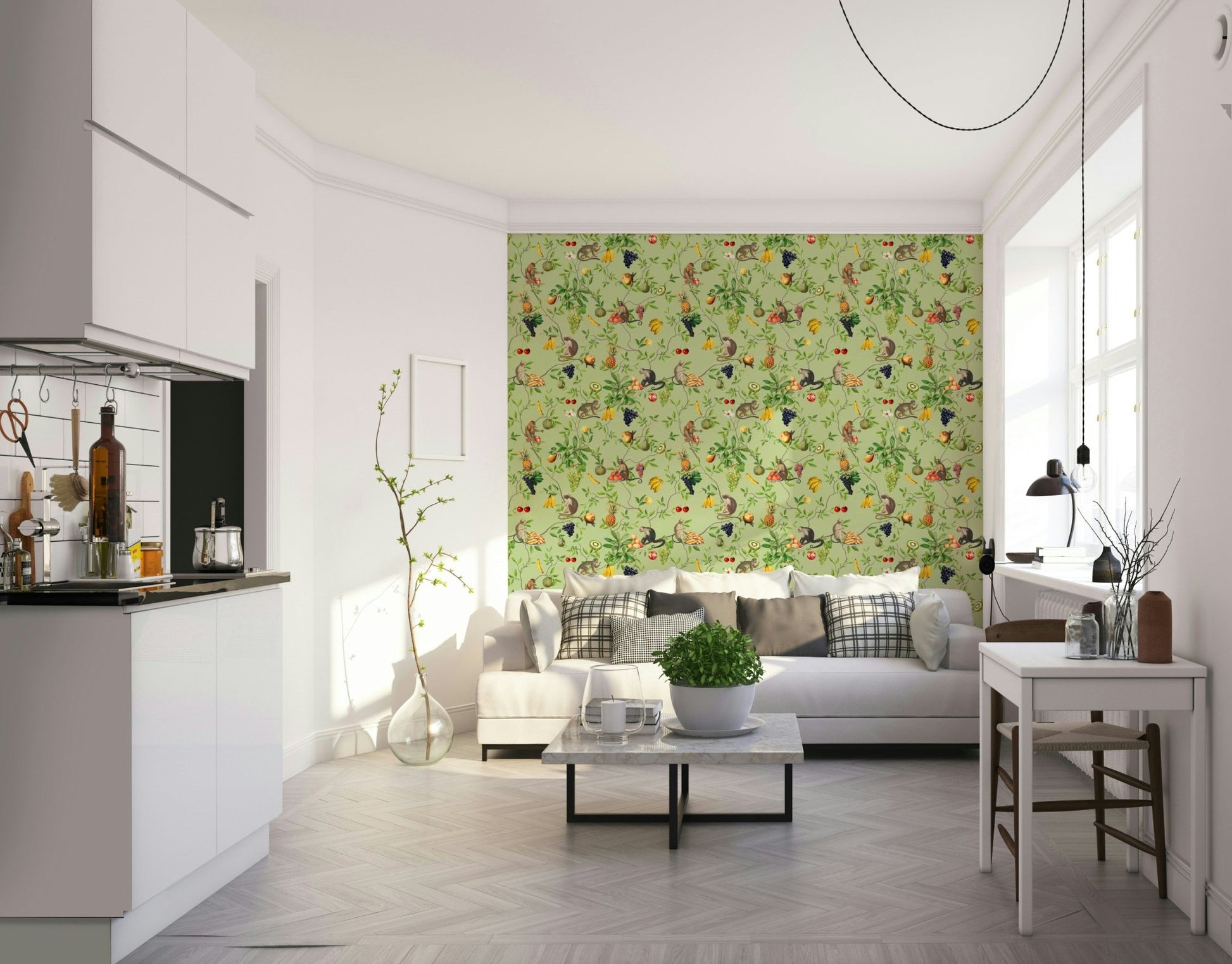 Tropical fruits and monkeys wall decor for a lively space

