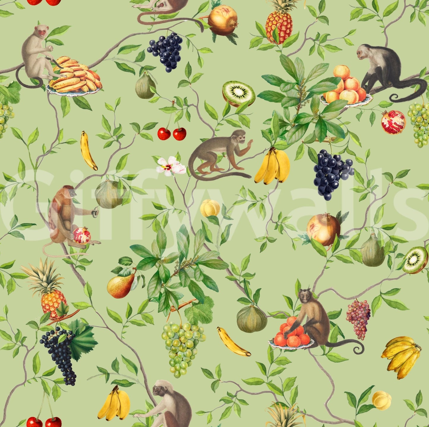 Vibrant tropical fruits and monkeys wall art for lively rooms

