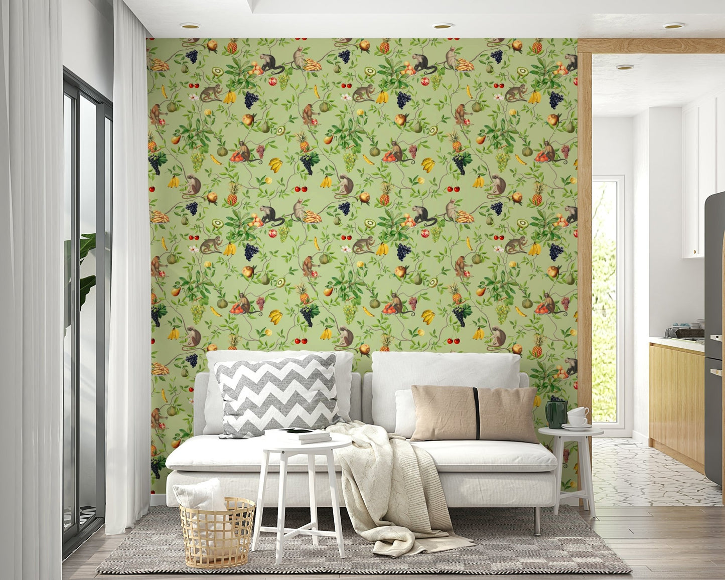 Monkey wallpaper featuring colorful fruits in a jungle theme


