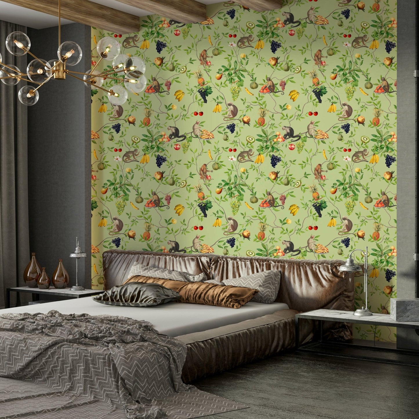 Monkey and fruit-themed wallpaper for vibrant room design

