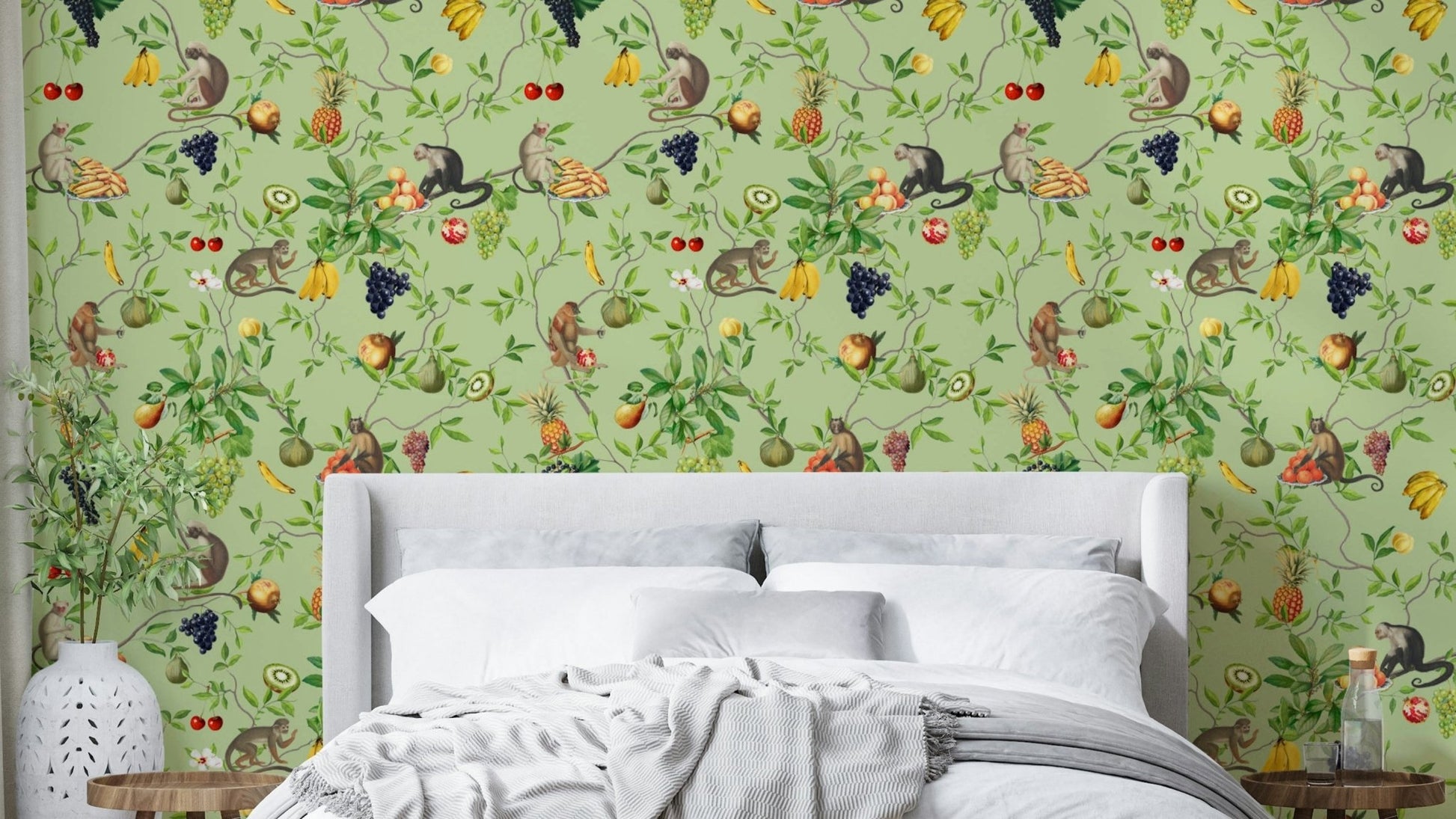 Monkeys and tropical fruits wall mural for playful vibes


