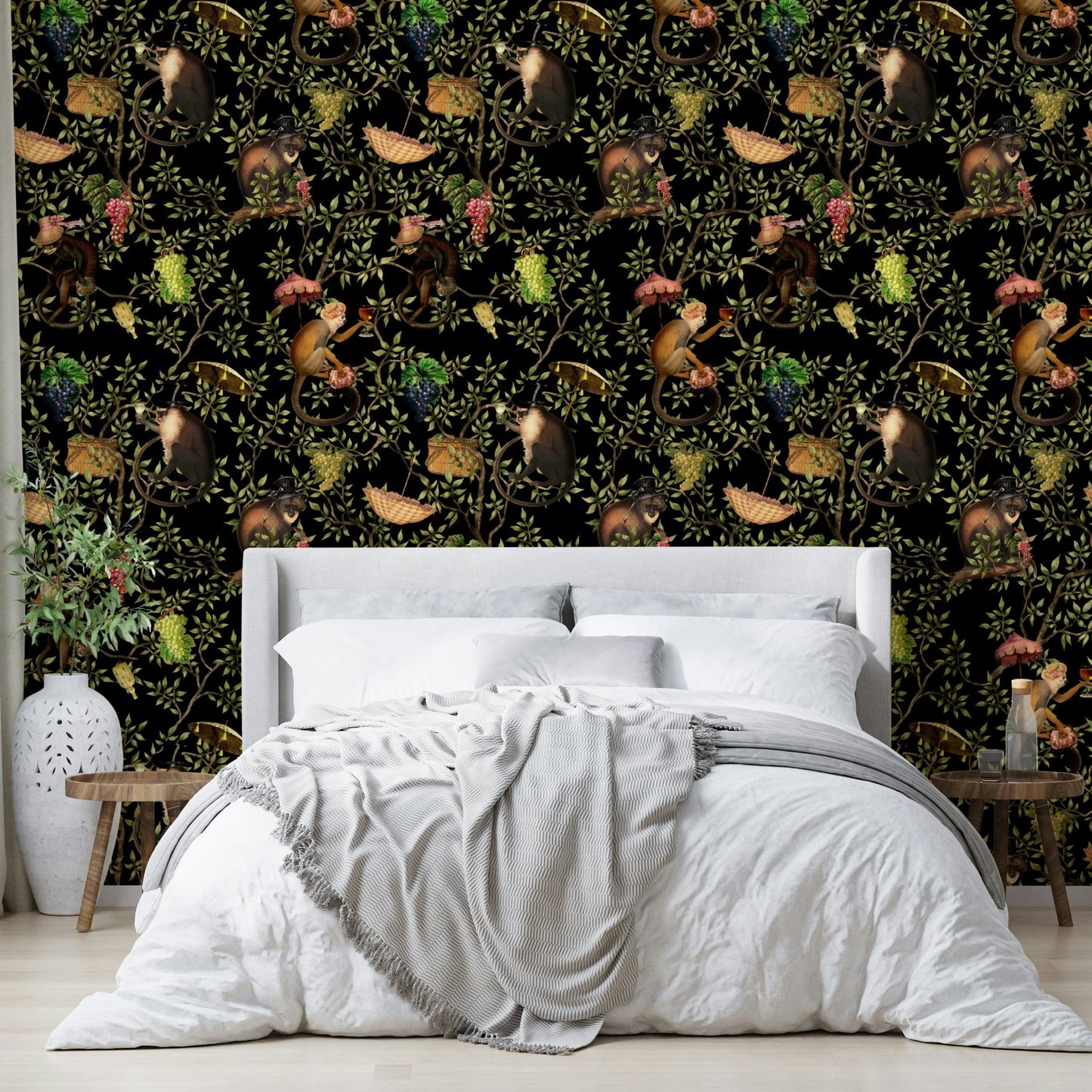 Whimsical escape wallpaper featuring monkeys on vines.

